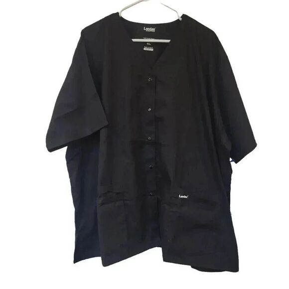 Landau Women's Black Poly/Cotton Snap Front V-Neck Short Sleeve Relaxed Fit 4 Po - Picture 2 of 13